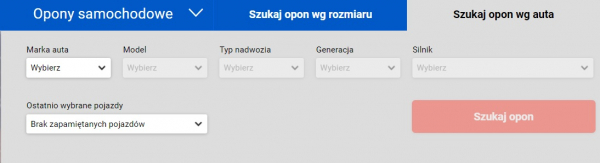 Internetowa wyszukiwarka rozmiaru opon - fragment ekranu z filtrami do wyszukiwania