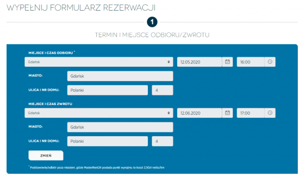 Miejsce i okres wynajmu auta